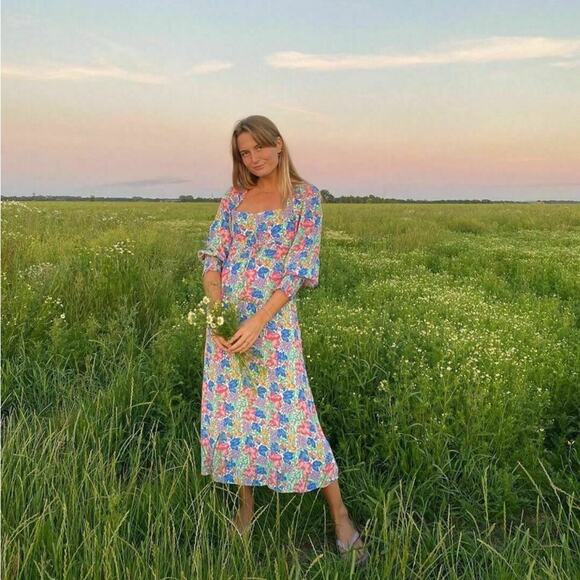 knee length dresses for ladies Hannah Art Wear Olivia Midi Dress Fernando Sky  Thistle Hill